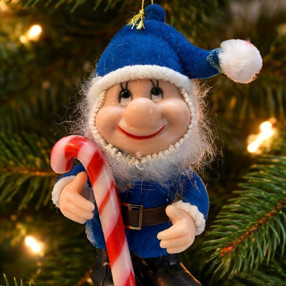 Vintage Blue Elf Ornament Christmas Candy Cane Gnome Dwarf made in Hong Kong